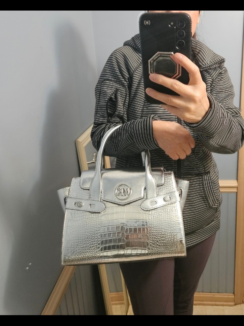 MICHAEL KORS Carmen Medium Belted Flap Satchel Silver Croco Leather Retail $598